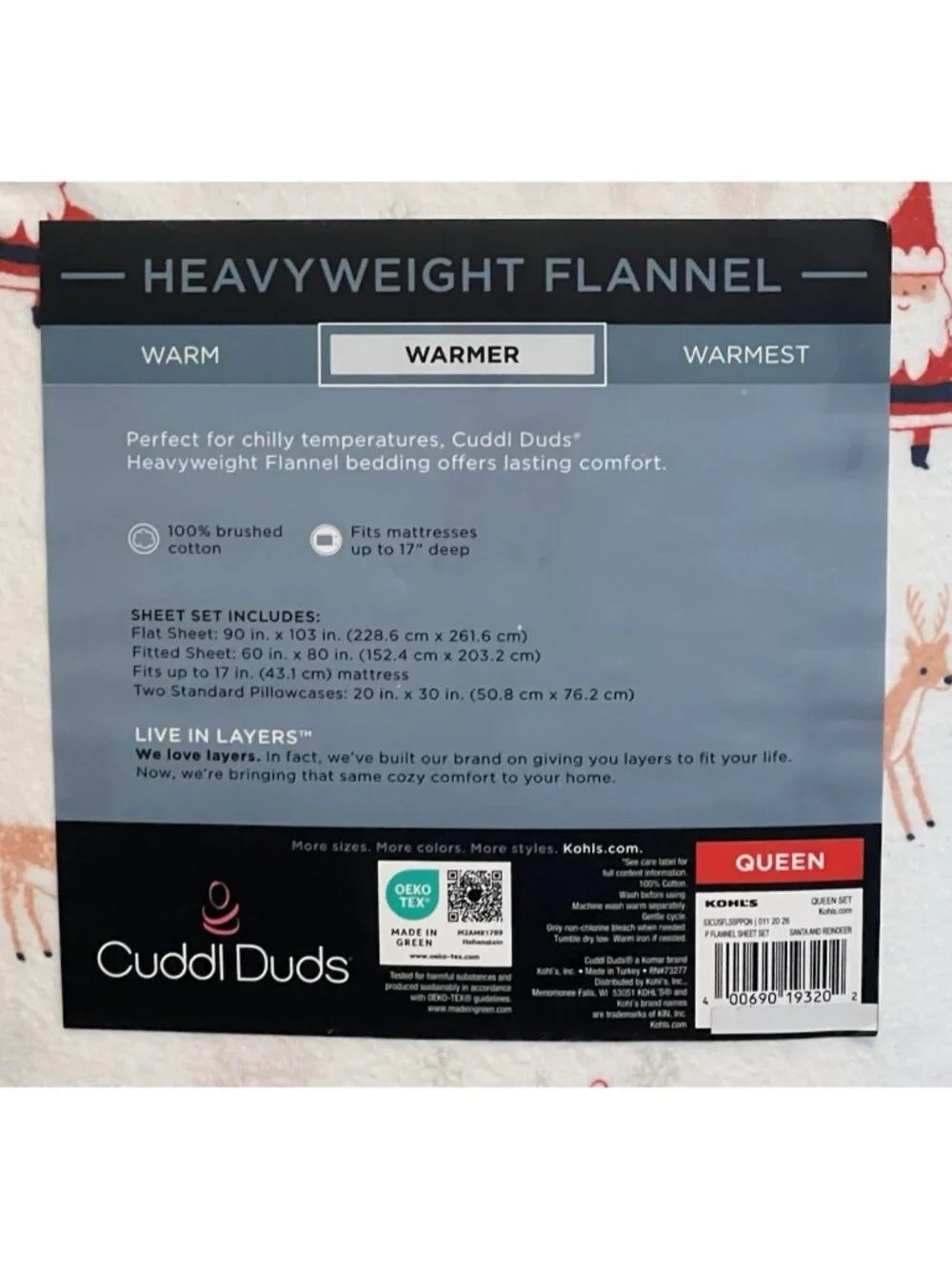 Cuddl Duds Queen Heavyweight Flannel Sheet Set Christmas Santa Reindeer NWT
